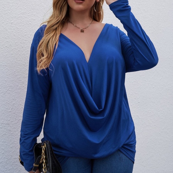 Bellanblue Tops - Plus Royal Blue Solid drape Front Long Sleeve Top